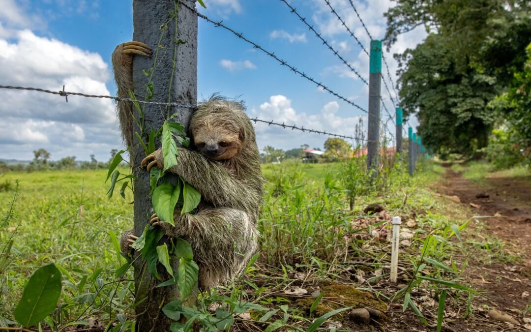 UN PEREZOSO DE TRES DEDOS DE GARGANTA MARRON
